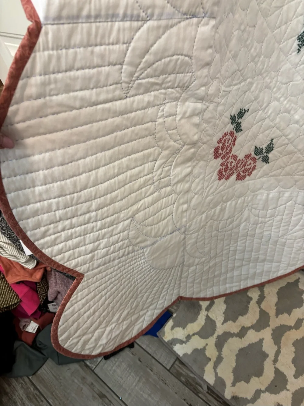 Handmade White Floral cross stitch queen size quilt with Pink Roses & Green Acce